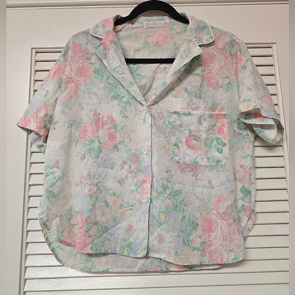 Miss Elaine - Vintage Floral Short-Sleeve Lightweight Button Pajama Top